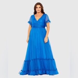 Mac Duggal 68430 NWT Blue Chiffon Flutter Sleeve A-line Plus Size Dress
